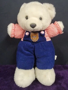 Dreamland Toys Plush White Bear with Blue Overalls and Striped Shirt - Picture 1 of 3