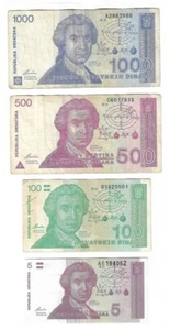 Croatian banknotes 1991 - 1000 Dinara + 500 Dinara + 100 Dinara + 5 Dinara ! - Picture 1 of 2