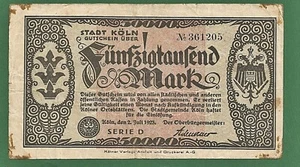 10 019 Notgeld Stadt Köln 50 000 Mark, 2.7.1923, Serie D, Nr. 6-stellig - Picture 1 of 2