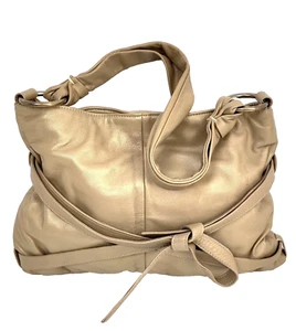 GRAN BOLSO DE HOMBRO HOBO Goldenbleu dorado cuero genuino rosa gamuza forrado - Imagen 1 de 12