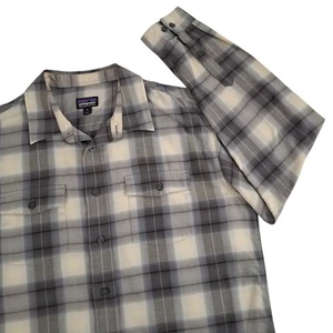 Patagonia leichtes Buckshot Flanellhemd Herren mittelgrau elfenbein kariert Knopf - Bild 1 von 17