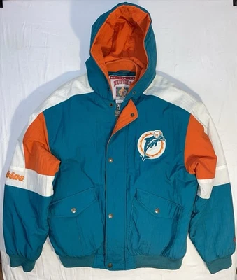 Jaqueta acolchoada vintage Miami Dolphins noz-moscada com capuz bom estado tamanho G - Imagem 1 de 4