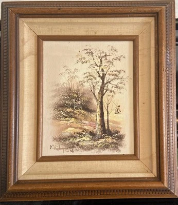 老式古董 19C 钓鱼乡村油画帆布签名 — 第 1/4 张图片