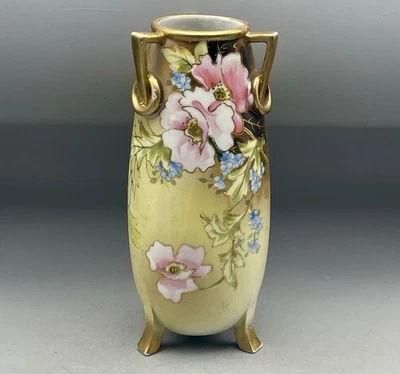 Morimura Bros. Nippon Egyptian Revival Vase Pink Roses 3 Handle Moriage 8 3/4” - Image 1 of 4