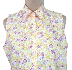 Lands End geknöpfte Bluse Damen Größe 12 ärmellos gelb rosa Paisley Supima - Bild 1 von 6