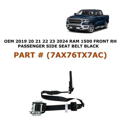2019 20 21 22 23 2024 RAM 1500 front right side seat belt BLACK 7AX76TX7AC - Image 1 of 4
