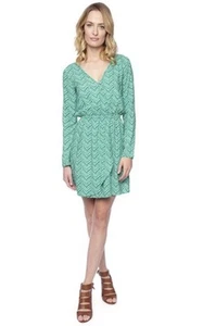 SPLENDID Plume Rayon Green & White Long Sleeve Faux Wrap Dress Sz M #6001 - Picture 1 of 7