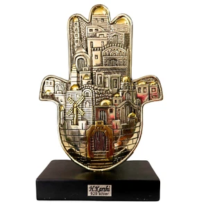 Vintage Judaica H. Karshi 925 Silver and Golden-tone Hamsa with Pedestal - Picture 1 of 5