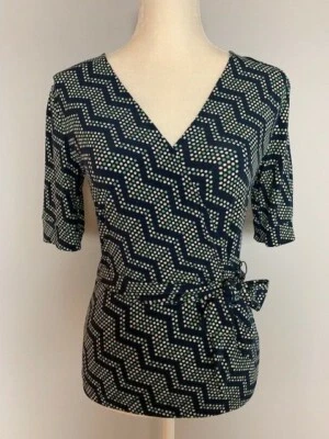 Merona Womens Wrap Top Blouse Size S Navy Polka Dot V Neck Front Waist Tie  - Image 1 of 4
