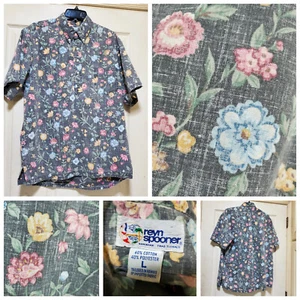 Reyn Spooner Shirt Men Large Grey Floral Hawaiian Popover Beach Vacation Dad Vtg - Picture 1 of 19