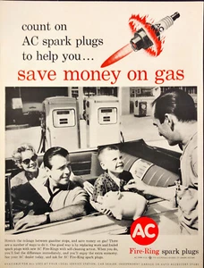 1961 AC Spark Plug Family in Convertible at Gas Station Vintage Print Ad - Picture 1 of 1
