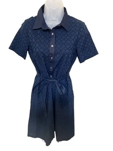 Lands’ End Eyelet Dress 6 Navy Button Down Belted Retro Cotton Preppy Coastal - Picture 1 of 6