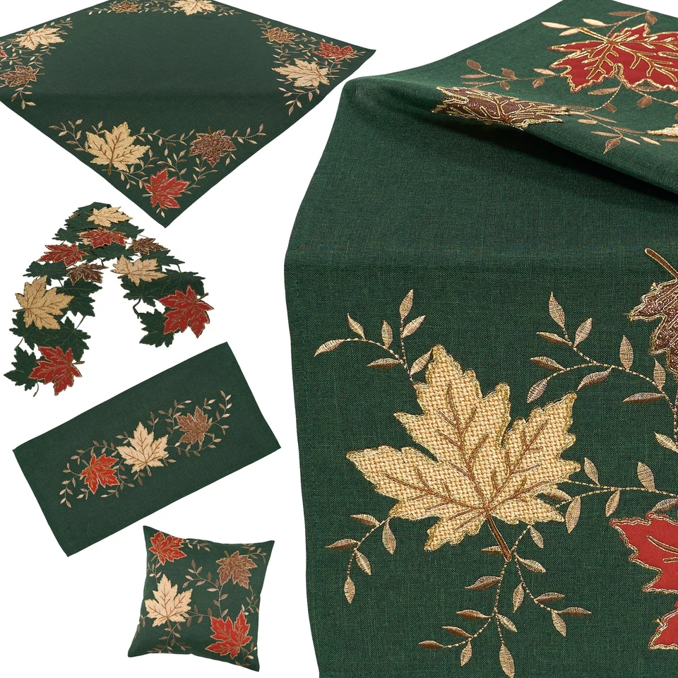 Herbst Tischdecke Tischläufer Kissenhülle Tischband Grün Gold Bestickte Blätter - Bild 1 von 1