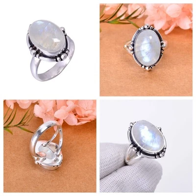 Anillo de piedra lunar llama azul natural Srilanka plata de ley 925 joyería hecha a mano Foto 1 de 4