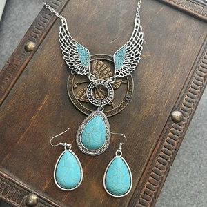 Vintage Boho Wings Turquoise Silver Flower Tear Drop Earrings Necklace Jewelry - Picture 1 of 4