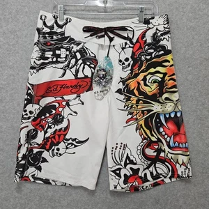 Ed Hardy x Christian Audigier Board Shorts Mens 33 Surf Tiger Skull Tattoo New - Picture 1 of 10