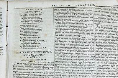 1840 THE NEW-YORKER Nov 28 Charles Dickens MASTER HUMPHREY'S CLOCK 1st American - Image 1 of 4