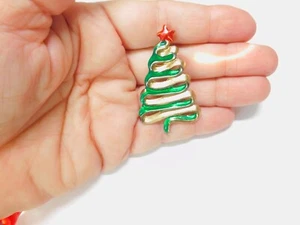 Broche vintage para árbol de Navidad cinta de metal verde esmalte rojo tono dorado - Imagen 1 de 6