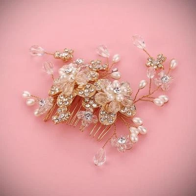 Gold Crystal Beaded Hair Comb Bridal Gown Pearls Vine Wedding Dress Headpieces - Image 1 of 4