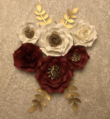 Juego de 6 flores de papel con hojas, telón de fondo, boda, guardería, rojo, blanco, dorado Foto 1 de 3