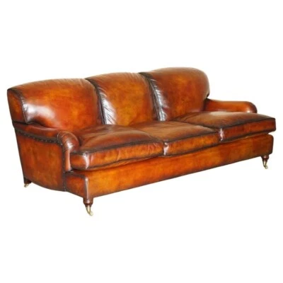 1 DE 4 SOFÁS RESTAURADOS TEÑIDOS A MANO CUERO MARRÓN ESTILO HOWARD & SON PARTE DE SUITE Foto 1 de 4