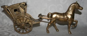 Vintage Solid Brass Horse Pulling Closed Carriage Hansom Cab 12" - Picture 1 of 11