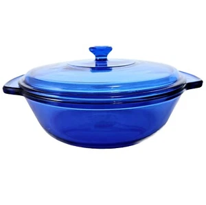 Vintage Anchor Hocking Essentials Cobalt Blue Casserole Bowl Lid 2qt handle 9" - Picture 1 of 15
