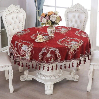 Retro Flower Chenille Tassel Tablecloth Round Rectangle Home Decor Table Cover - Image 1 of 4