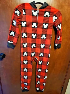 DISNEY 1 PC SLEEPER PAJAMA Unisex Mickey EARS!  Fleece Small (6/7) Red/Black - Picture 1 of 7