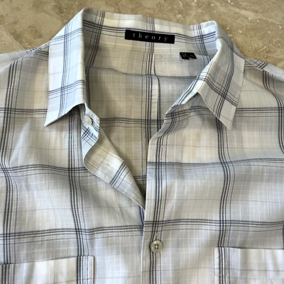 Camisa Theory Para Hombre XXL 2XL Blanca A Cuadros Abotonada Manga Larga Algodón Foto 1 de 4