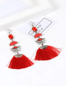 Red Fabric Fringe Tassel Earrings Chandelier Silver Buy One Get Two Free - Picture 1 of 4
