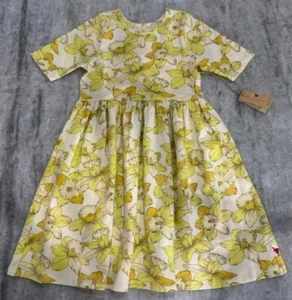 Pink Chicken Yellow Daffodils Steph Dress Organic Short Sleeve Girls Size 7 NEW - Picture 1 of 9