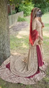 Red/champagne gold asian bridal lengha with double trail. - Picture 1 of 2