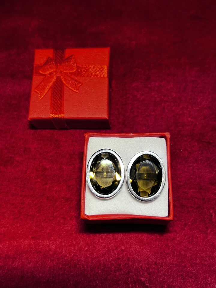 Gemelos grandes vintage de plata de ley piedra marrón cuarzo ahumado? ¿Topacio? Usado en excelente estado Foto 1 de 4