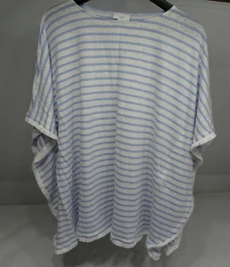 J. Jill Size M/L Striped 100% Linen Poncho Top Blouse White Blue Fringe Hem - Picture 1 of 7