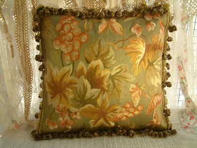 18" Vintage Fruits Grapes & Leaves Decorative French Embroidery Pillow Cushion - Image 1 of 4