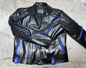 Men's Real Cow Leather Quilted Style Biker Jacket with Blue Piping Sexy Jacket - Picture 1 of 3