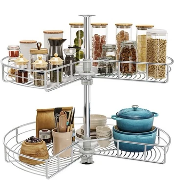 28" Lazy Susan Turntable Chrome Pie-Cut Design 270° Corner Organizer, 2 Shelves - Image 1 of 4