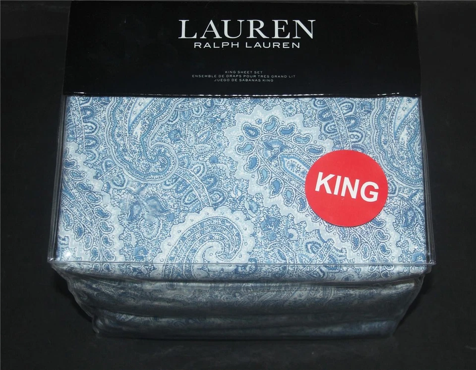 Ralph Lauren Blue Bantry Paisley Thick Flannel Deep Pkt King Sheet Set NIP $220 - Image 1 of 1