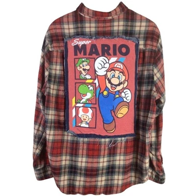 Reelaborado Super Mario FLANELA Envejecido Denim Camisa Parche Rojo 2XL Foto 1 de 4