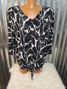 Chico's V-Neck 3/4 Sleeve Black Watercolor Tie Front  Blouse Stretch SZ 3 (XL) - Picture 1 of 6