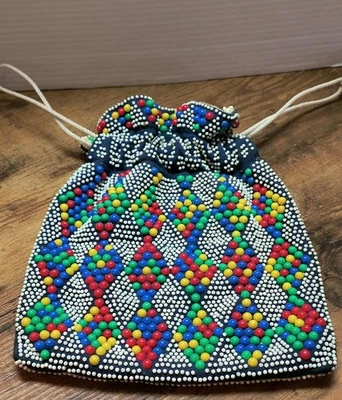 BOLSO MONEDERO AÑOS 70 PUNTO BURBUJA PLÁSTICO CUENTAS CORDÓN 11 X 9 pulgadas Foto 1 de 4