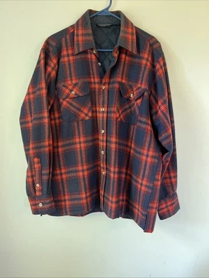 Vintage Red Tartan Plaid Wool Quilt Lined Flannel Jacket Shacket Shirt USA Large - Image 1 of 4