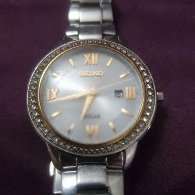 Seiko SUT246 MOP Women’s Two-Tone Crystal Accent Analog SOLAR Watch *READ - Image 1 of 4