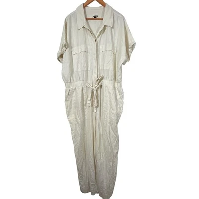Universal Thread Jumpsuit 18 Beige Linen Blend Wide Leg Short Sleeve Button Belt - Image 1 of 4