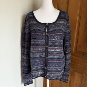Peruvian Connection Cardigan XL Extra Large Blue Stripe Sweater Baby Alpaca Wool - Picture 1 of 6