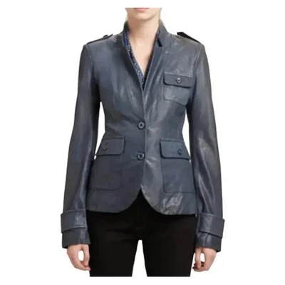 Rachel Zoe синий темно-синий подлинный реальный 100% кожи Mona военная куртка блейзер 6 - Изображение 1 из 4