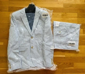 J Crew Crewcuts Boys 16 Ludlow Seersucker Suit Jacket & Pants Set Blue Stripe - Picture 1 of 10