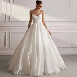 Elegant Illusion Neck Wedding Dress Beaded Long Sleeve Pleated Satin Bridal Gown - Picture 1 of 6