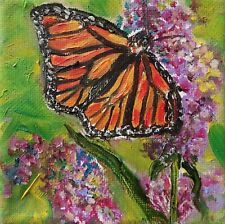 Original Painting Monarch Butterfly Small Oil Miniature on Canvas Lilac Flowers